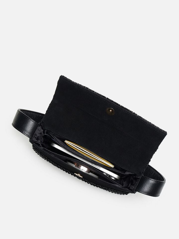 Beaded Threads Leather Shoulder Bag - Black