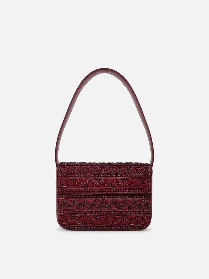 Beaded Threads Leather Shoulder Bag - Cherry
