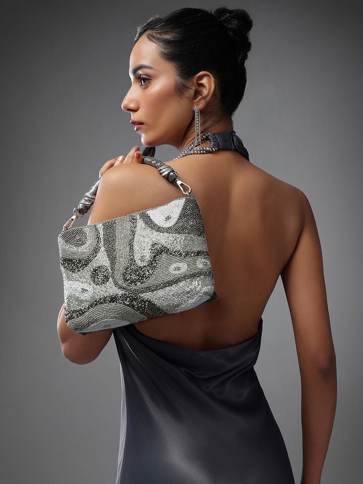 Beaded Threads Leather Handheld - Silver