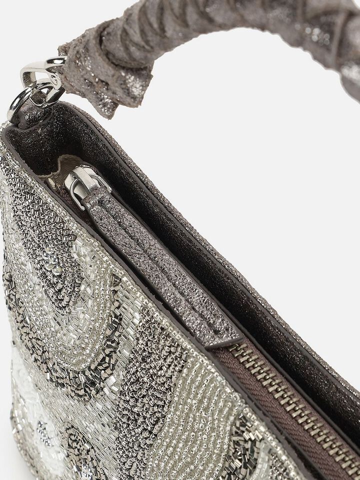 Beaded Threads Leather Handheld - Silver