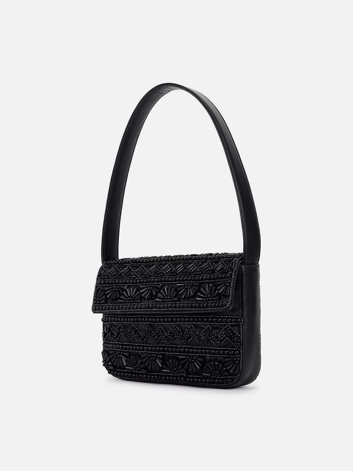 Beaded Threads Leather Shoulder Bag - Black