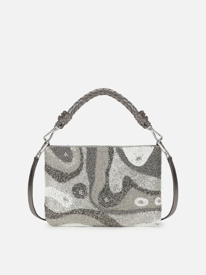 Beaded Threads Leather Handheld - Silver