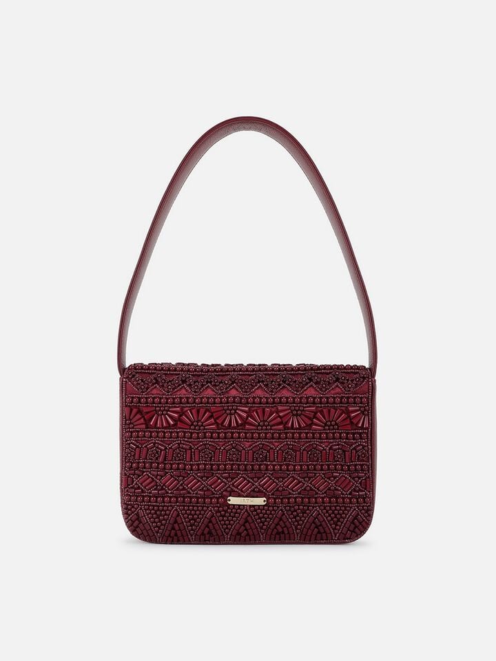 Beaded Threads Leather Shoulder Bag - Cherry