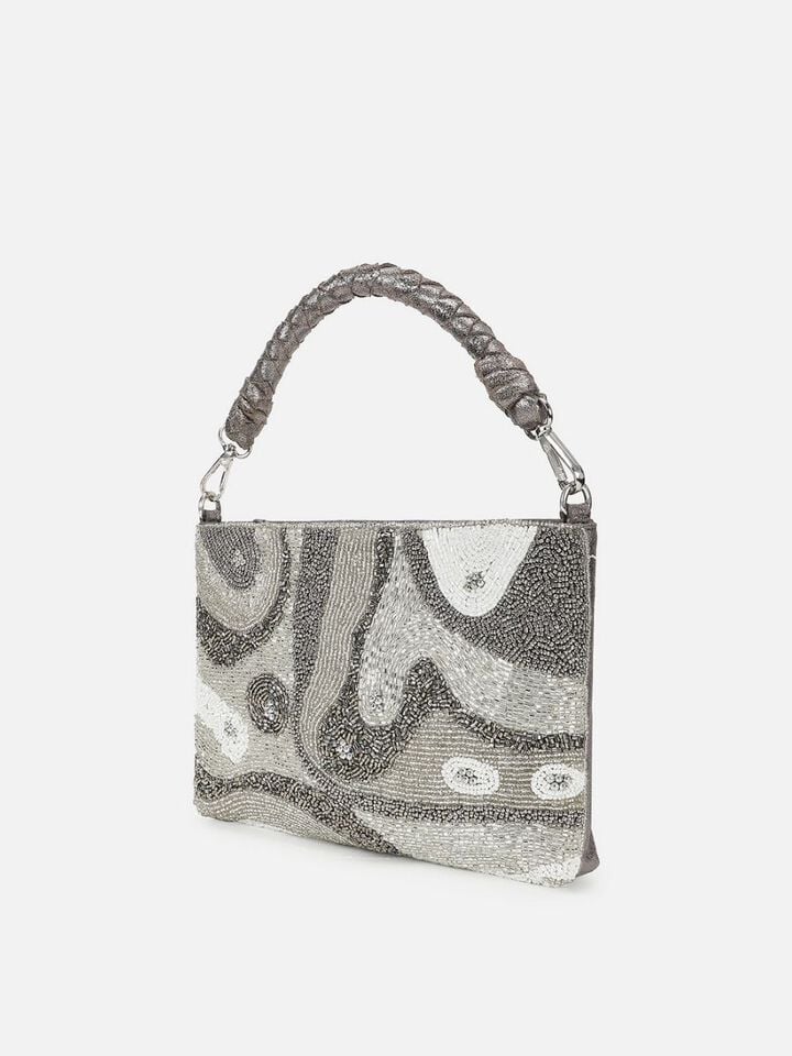 Beaded Threads Leather Handheld - Silver
