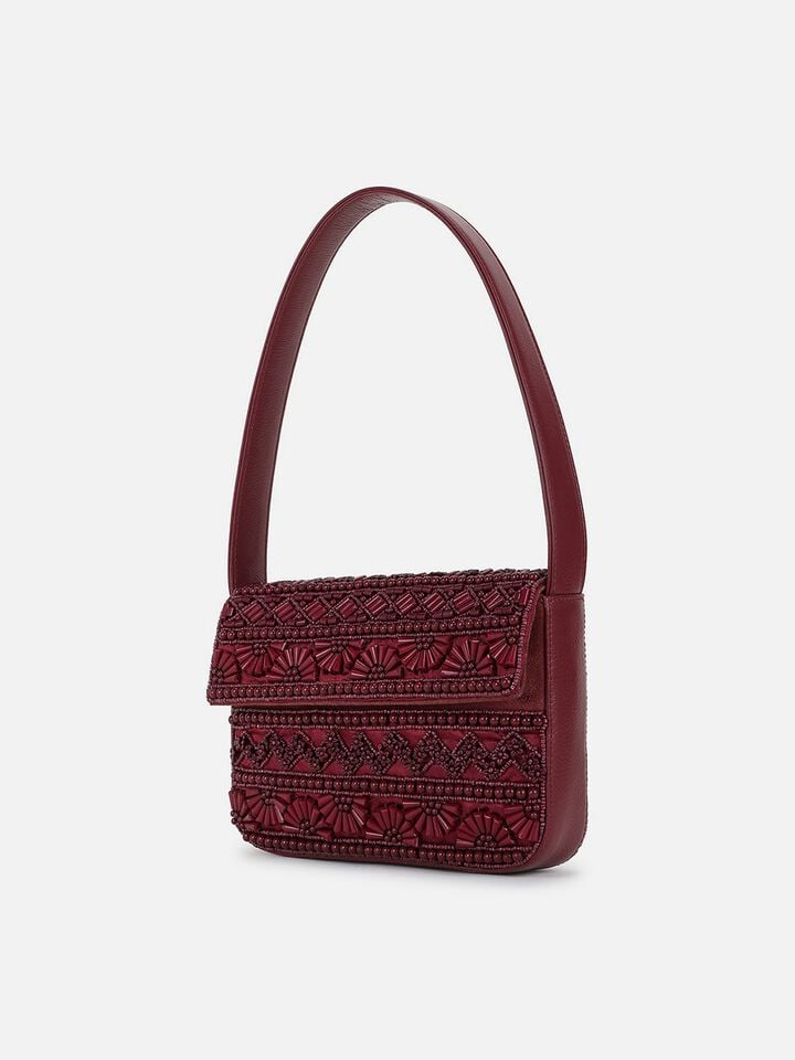 Beaded Threads Leather Shoulder Bag - Cherry