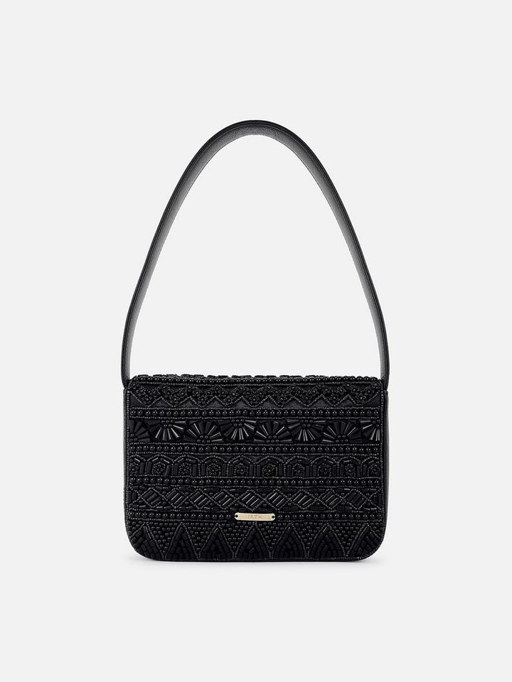 Beaded Threads Leather Shoulder Bag - Black