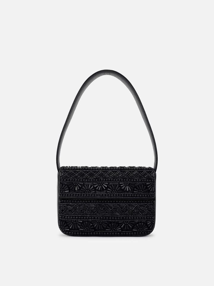 Beaded Threads Leather Shoulder Bag - Black
