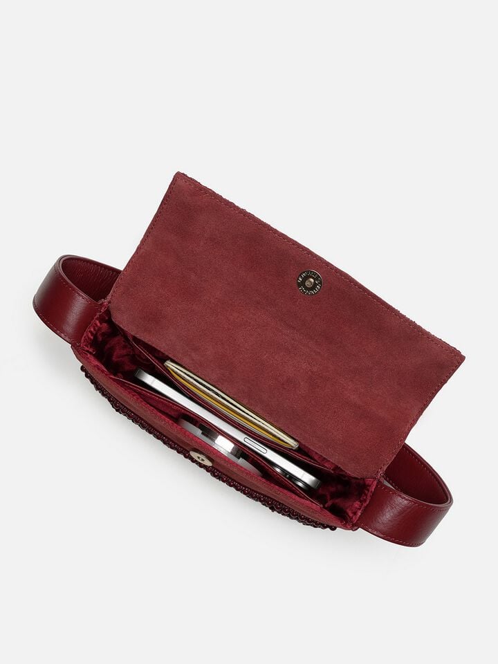 Beaded Threads Leather Shoulder Bag - Cherry