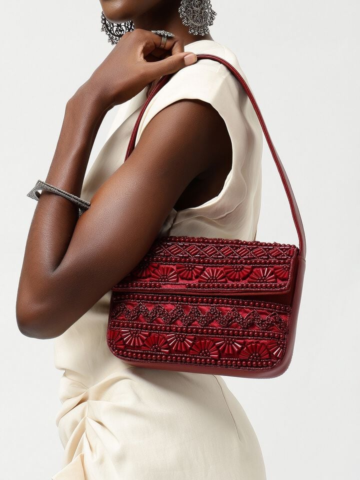 Beaded Threads Leather Shoulder Bag - Cherry