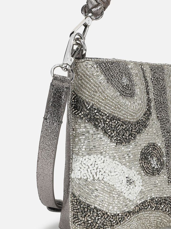 Beaded Threads Leather Handheld - Silver