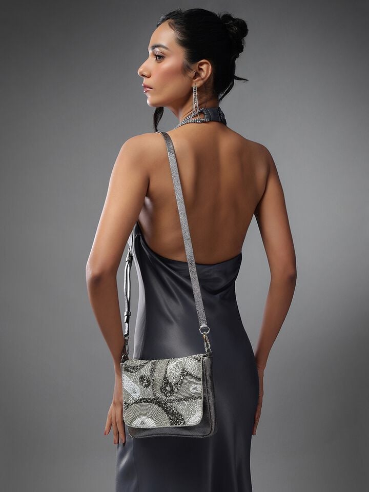 Beaded Threads Leather Sling - Silver