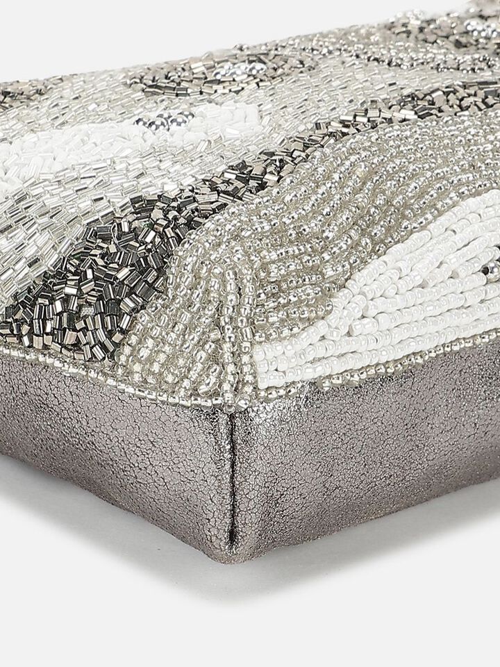 Beaded Threads Leather Handheld - Silver